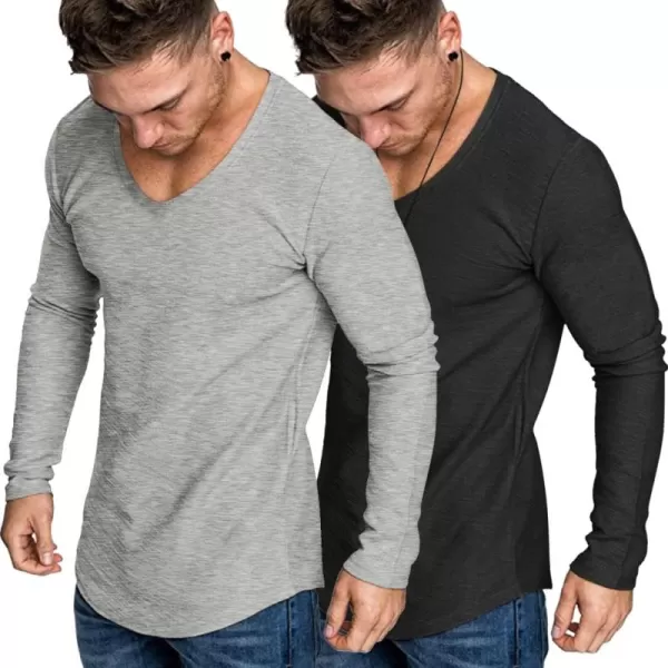 COOFANDY Men 2 Pack Muscle V Neck T Shirt Gym Athletic Fit Long Sleeves Tee Top