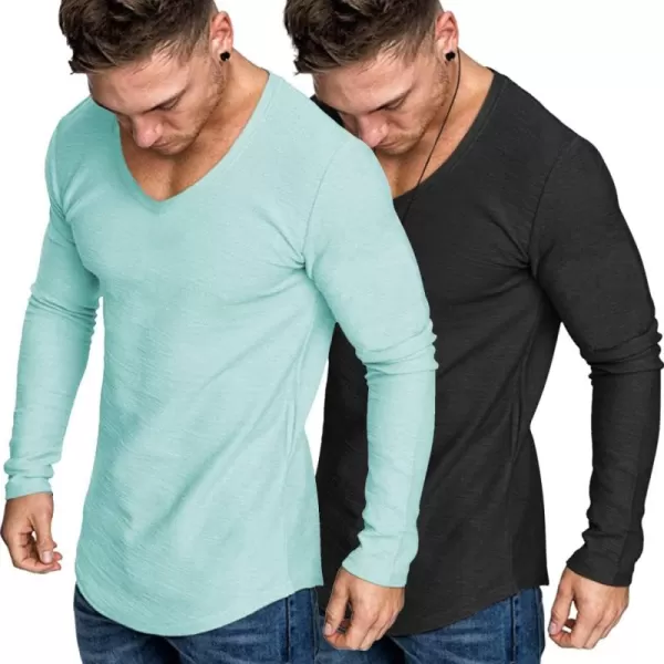 COOFANDY Men 2 Pack Muscle V Neck T Shirt Gym Athletic Fit Long Sleeves Tee Top