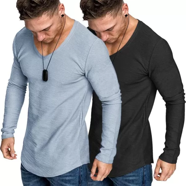 COOFANDY Men 2 Pack Muscle V Neck T Shirt Gym Athletic Fit Long Sleeves Tee Top