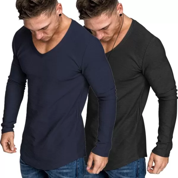 COOFANDY Men 2 Pack Muscle V Neck T Shirt Gym Athletic Fit Long Sleeves Tee Top