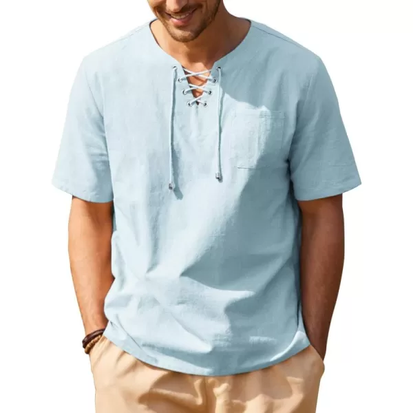 COOFANDY Men Casual Cotton Linen T Shirt Short Sleeve Beach Lace Up Hippie Shirt Yoga Renaissance Tunic