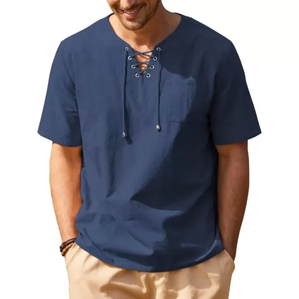 COOFANDY Men Casual Cotton Linen T Shirt Short Sleeve Beach Lace Up Hippie Shirt Yoga Renaissance Tunic