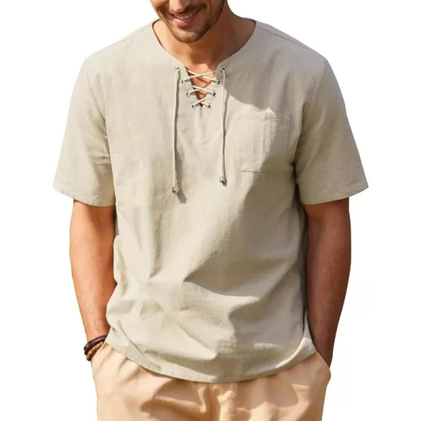 COOFANDY Men Casual Cotton Linen T Shirt Short Sleeve Beach Lace Up Hippie Shirt Yoga Renaissance Tunic