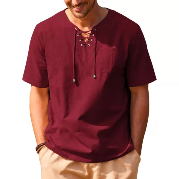 COOFANDY Men Casual Cotton Linen T Shirt Short Sleeve Beach Lace Up Hippie Shirt Yoga Renaissance Tunic