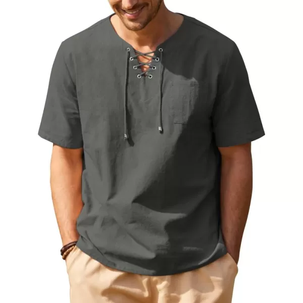 COOFANDY Men Casual Cotton Linen T Shirt Short Sleeve Beach Lace Up Hippie Shirt Yoga Renaissance Tunic
