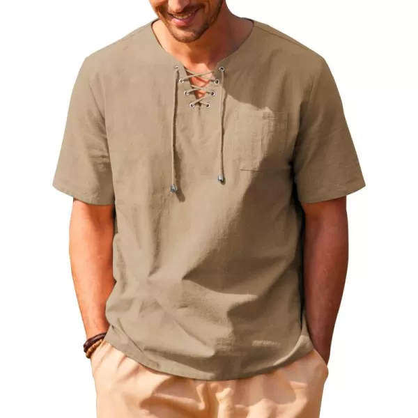 COOFANDY Men Casual Cotton Linen T Shirt Short Sleeve Beach Lace Up Hippie Shirt Yoga Renaissance Tunic