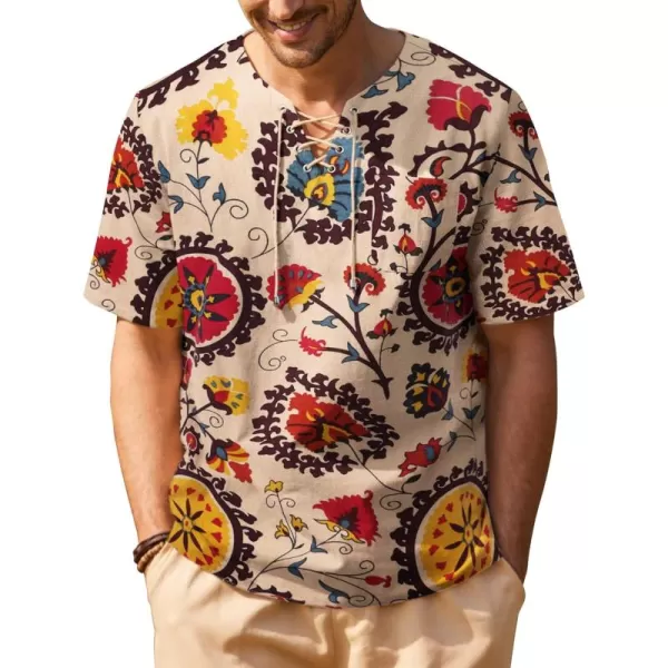 COOFANDY Men Casual Cotton Linen T Shirt Short Sleeve Beach Lace Up Hippie Shirt Yoga Renaissance Tunic