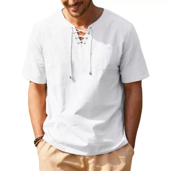 COOFANDY Men Casual Cotton Linen T Shirt Short Sleeve Beach Lace Up Hippie Shirt Yoga Renaissance Tunic