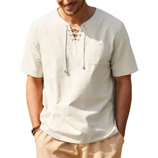 COOFANDY Men Casual Cotton Linen T Shirt Short Sleeve Beach Lace Up Hippie Shirt Yoga Renaissance Tunic