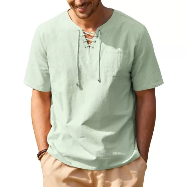 COOFANDY Men Casual Cotton Linen T Shirt Short Sleeve Beach Lace Up Hippie Shirt Yoga Renaissance Tunic