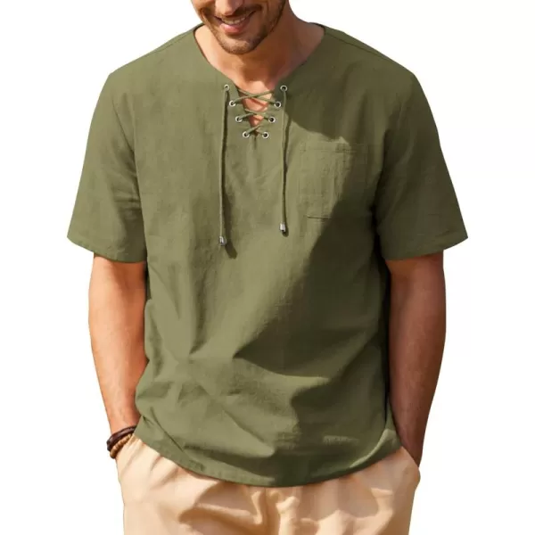 COOFANDY Men Casual Cotton Linen T Shirt Short Sleeve Beach Lace Up Hippie Shirt Yoga Renaissance Tunic