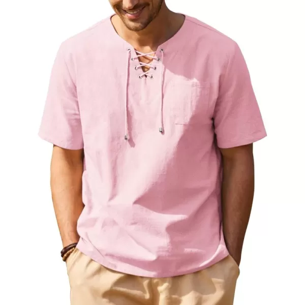 COOFANDY Men Casual Cotton Linen T Shirt Short Sleeve Beach Lace Up Hippie Shirt Yoga Renaissance Tunic