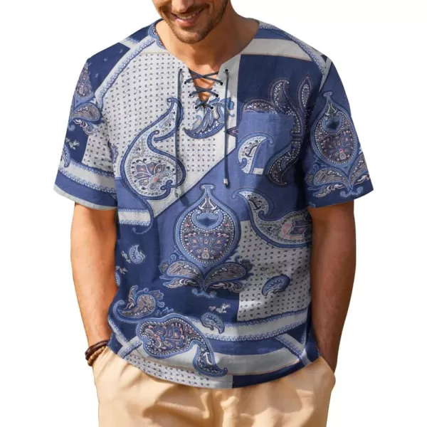 COOFANDY Men Casual Cotton Linen T Shirt Short Sleeve Beach Lace Up Hippie Shirt Yoga Renaissance Tunic