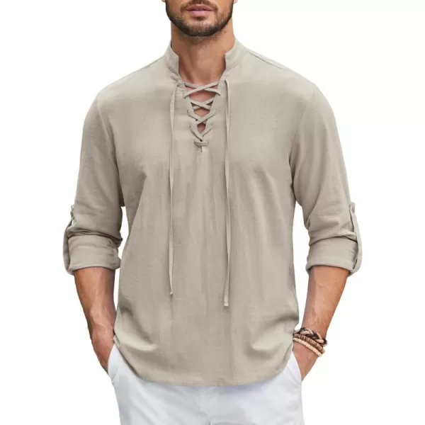COOFANDY Men Linen Cotton Shirts Beach Hippie Renaissance Medieval Long Sleeve Lace Up Costume