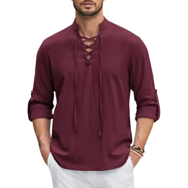 COOFANDY Men Linen Cotton Shirts Beach Hippie Renaissance Medieval Long Sleeve Lace Up Costume