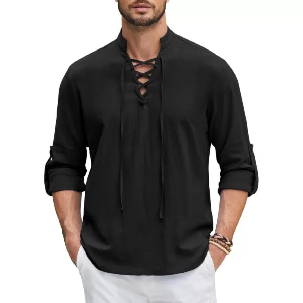 COOFANDY Men Linen Cotton Shirts Beach Hippie Renaissance Medieval Long Sleeve Lace Up Costume