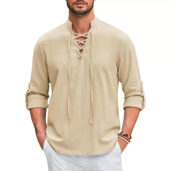 COOFANDY Men Linen Cotton Shirts Beach Hippie Renaissance Medieval Long Sleeve Lace Up Costume