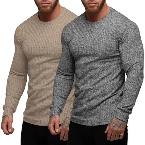 COOFANDY Men's 2 Pack Muscle T-Shirt Stretch Long Sleeve Gym Workout Bodybuilding Training Tee Shirts Casual Hipster Tops