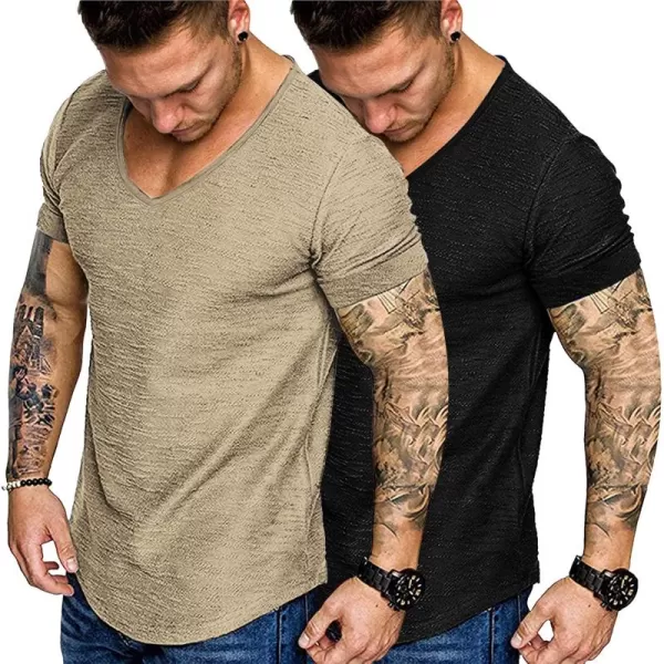 COOFANDY Mens 2 Pack Muscle V Neck T Shirt Fitted Gym Workout Short Sleeve Tee)