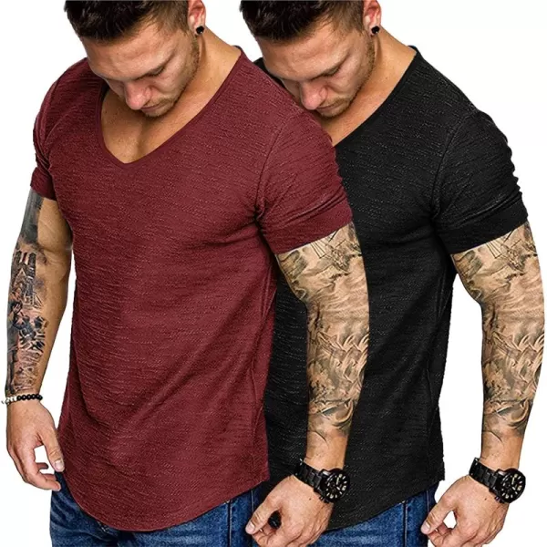 COOFANDY Mens 2 Pack Muscle V Neck T Shirt Fitted Gym Workout Short Sleeve Tee)