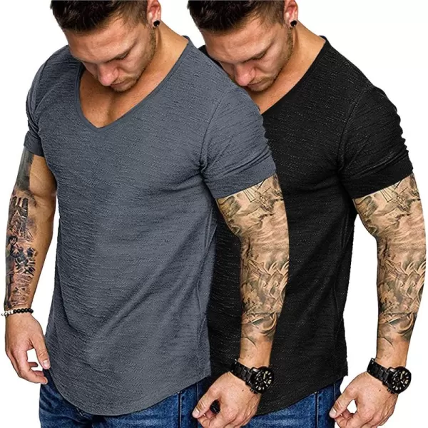 COOFANDY Mens 2 Pack Muscle V Neck T Shirt Fitted Gym Workout Short Sleeve Tee)