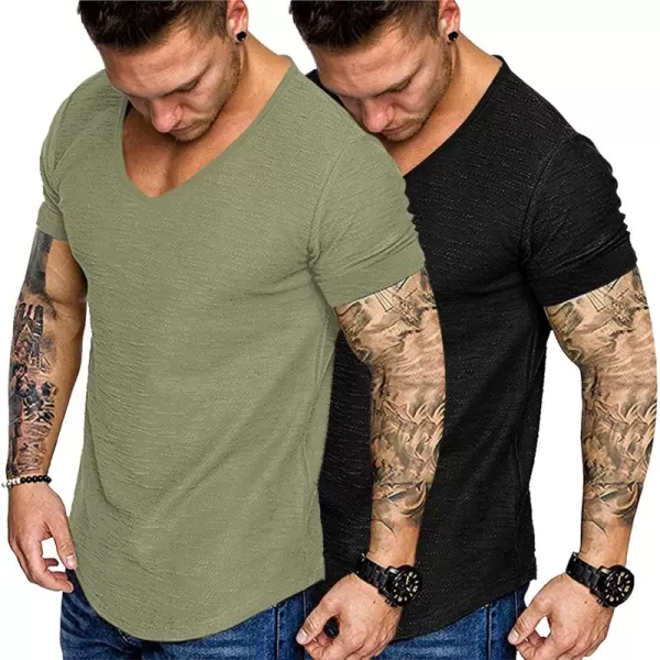 COOFANDY Mens 2 Pack Muscle V Neck T Shirt Fitted Gym Workout Short Sleeve Tee)