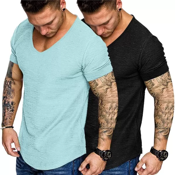 COOFANDY Mens 2 Pack Muscle V Neck T Shirt Fitted Gym Workout Short Sleeve Tee)