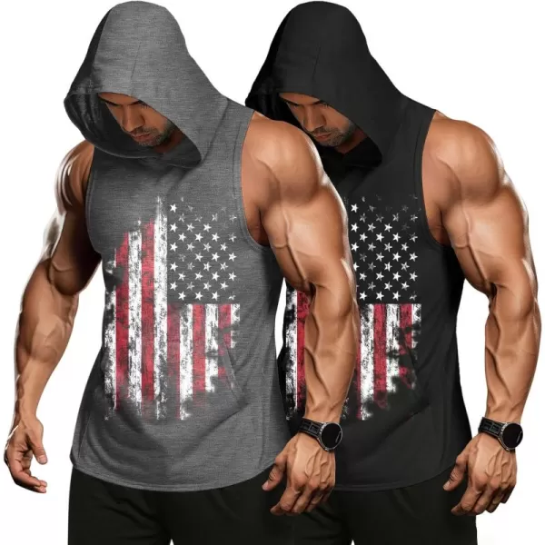 COOFANDY Men's 2 Pack Workout Hooded Tank Tops Bodybuilding Muscle Cut Off T Shirt Sleeveless Gym Hoodies