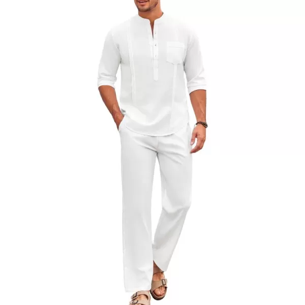 COOFANDY Men's 2 Piece Cotton Linen Sets Casual Long Sleeve Henley Shirts Yoga Pants Set Beach Cuban Outfits
