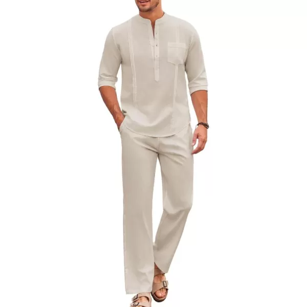 COOFANDY Men's 2 Piece Cotton Linen Sets Casual Long Sleeve Henley Shirts Yoga Pants Set Beach Cuban Outfits