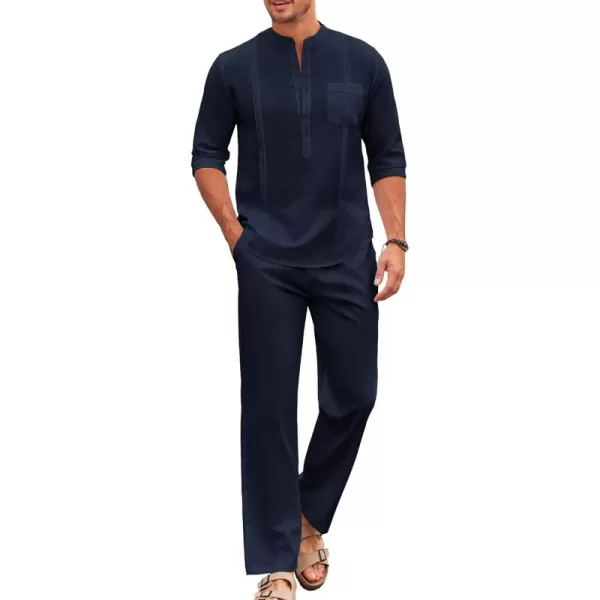COOFANDY Men's 2 Piece Cotton Linen Sets Casual Long Sleeve Henley Shirts Yoga Pants Set Beach Cuban Outfits