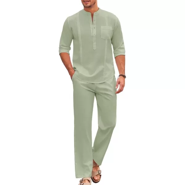 COOFANDY Men's 2 Piece Cotton Linen Sets Casual Long Sleeve Henley Shirts Yoga Pants Set Beach Cuban Outfits