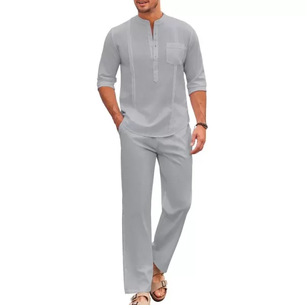 COOFANDY Men's 2 Piece Cotton Linen Sets Casual Long Sleeve Henley Shirts Yoga Pants Set Beach Cuban Outfits
