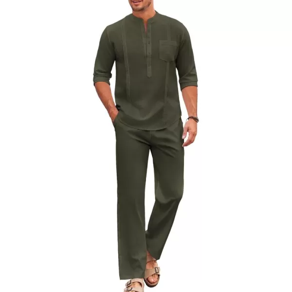 COOFANDY Men's 2 Piece Cotton Linen Sets Casual Long Sleeve Henley Shirts Yoga Pants Set Beach Cuban Outfits
