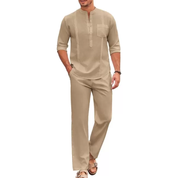 COOFANDY Men's 2 Piece Cotton Linen Sets Casual Long Sleeve Henley Shirts Yoga Pants Set Beach Cuban Outfits
