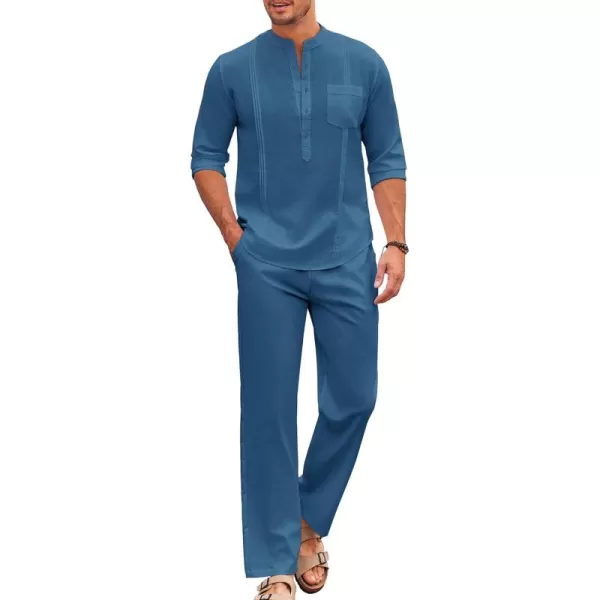 COOFANDY Men's 2 Piece Cotton Linen Sets Casual Long Sleeve Henley Shirts Yoga Pants Set Beach Cuban Outfits