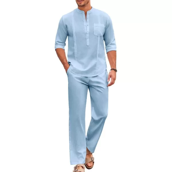 COOFANDY Men's 2 Piece Cotton Linen Sets Casual Long Sleeve Henley Shirts Yoga Pants Set Beach Cuban Outfits