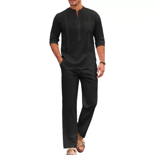 COOFANDY Men's 2 Piece Cotton Linen Sets Casual Long Sleeve Henley Shirts Yoga Pants Set Beach Cuban Outfits