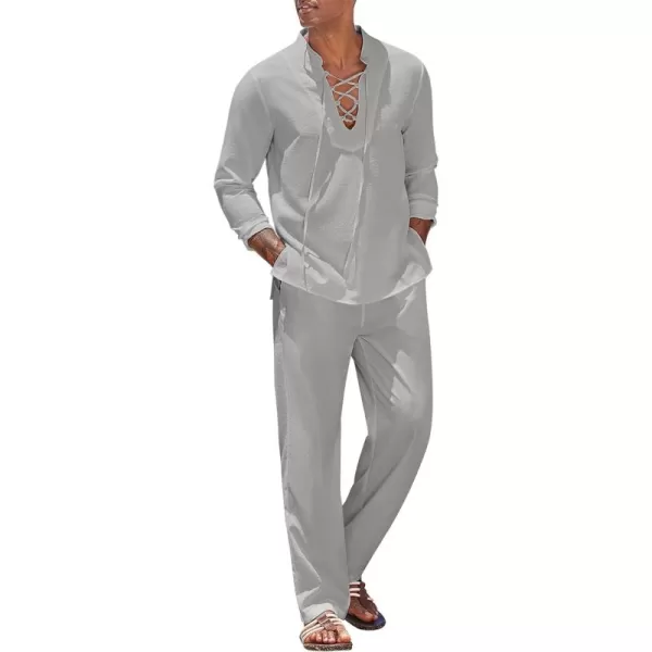 COOFANDY Men's 2 Piece Linen Set Long Sleeve Henley Shirts Casual Beach Pants With Pockets Summer Yoga Outfits
