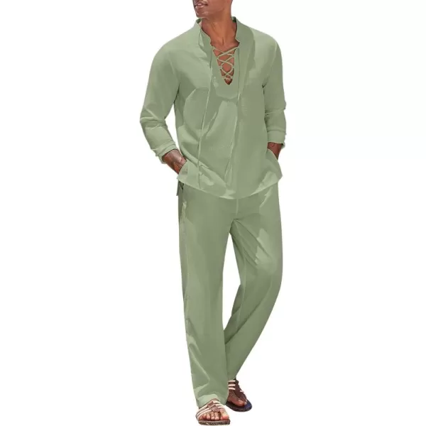 COOFANDY Men's 2 Piece Linen Set Long Sleeve Henley Shirts Casual Beach Pants With Pockets Summer Yoga Outfits