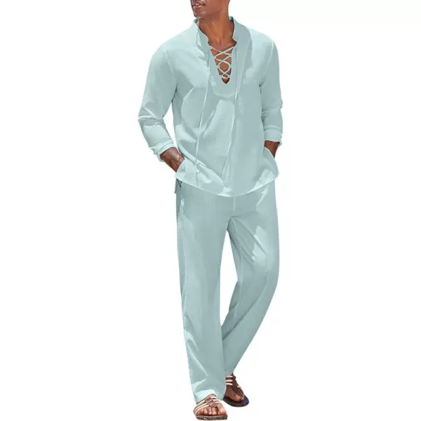 COOFANDY Men's 2 Piece Linen Set Long Sleeve Henley Shirts Casual Beach Pants With Pockets Summer Yoga Outfits