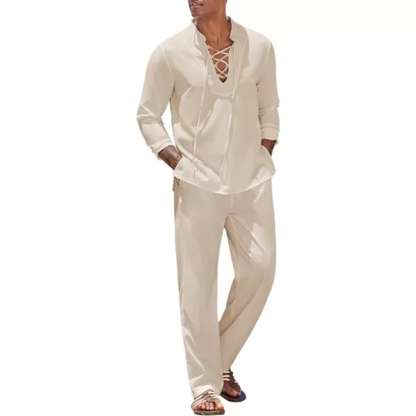 COOFANDY Men's 2 Piece Linen Set Long Sleeve Henley Shirts Casual Beach Pants With Pockets Summer Yoga Outfits