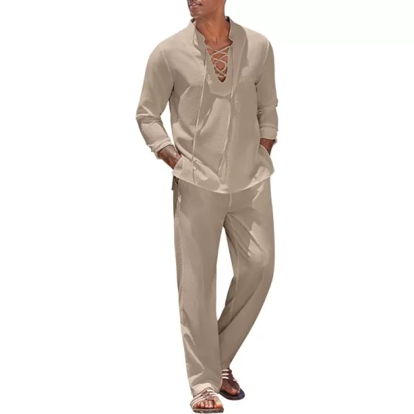 COOFANDY Men's 2 Piece Linen Set Long Sleeve Henley Shirts Casual Beach Pants With Pockets Summer Yoga Outfits