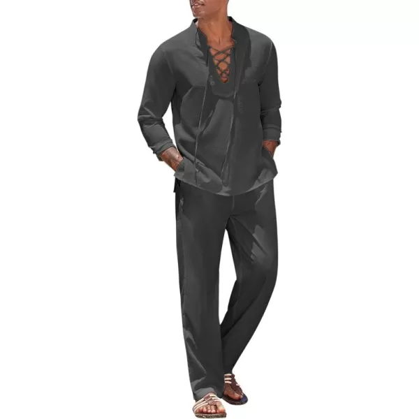 COOFANDY Men's 2 Piece Linen Set Long Sleeve Henley Shirts Casual Beach Pants With Pockets Summer Yoga Outfits