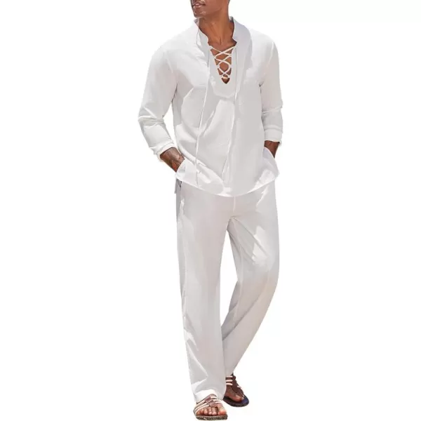 COOFANDY Men's 2 Piece Linen Set Long Sleeve Henley Shirts Casual Beach Pants With Pockets Summer Yoga Outfits