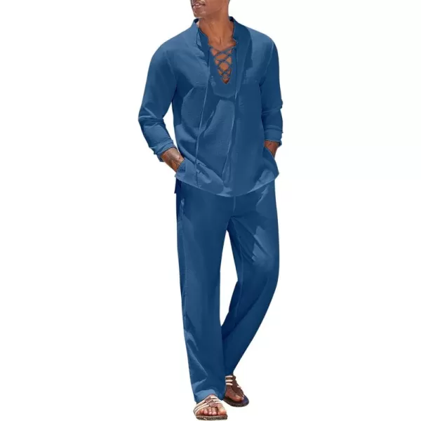 COOFANDY Men's 2 Piece Linen Set Long Sleeve Henley Shirts Casual Beach Pants With Pockets Summer Yoga Outfits
