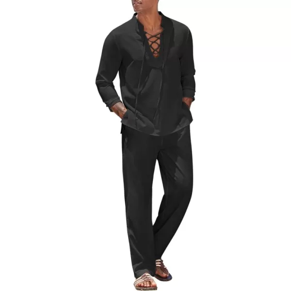 COOFANDY Men's 2 Piece Linen Set Long Sleeve Henley Shirts Casual Beach Pants With Pockets Summer Yoga Outfits