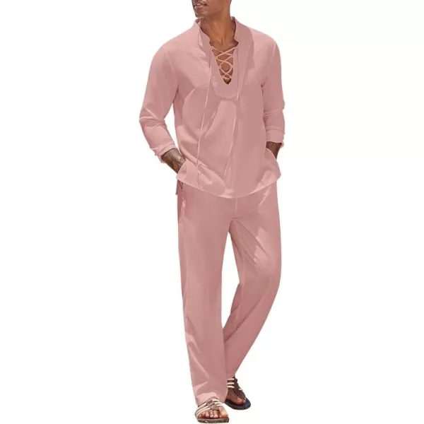 COOFANDY Men's 2 Piece Linen Set Long Sleeve Henley Shirts Casual Beach Pants With Pockets Summer Yoga Outfits