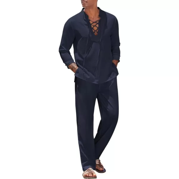 COOFANDY Men's 2 Piece Linen Set Long Sleeve Henley Shirts Casual Beach Pants With Pockets Summer Yoga Outfits