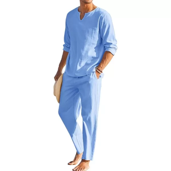 COOFANDY Men's 2 Pieces Cotton Linen Set Henley Shirt Long Sleeve and Casual Beach Pants Summer Yoga Outfits